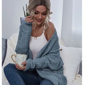 Popcorn long cardigan - Blue/Sage